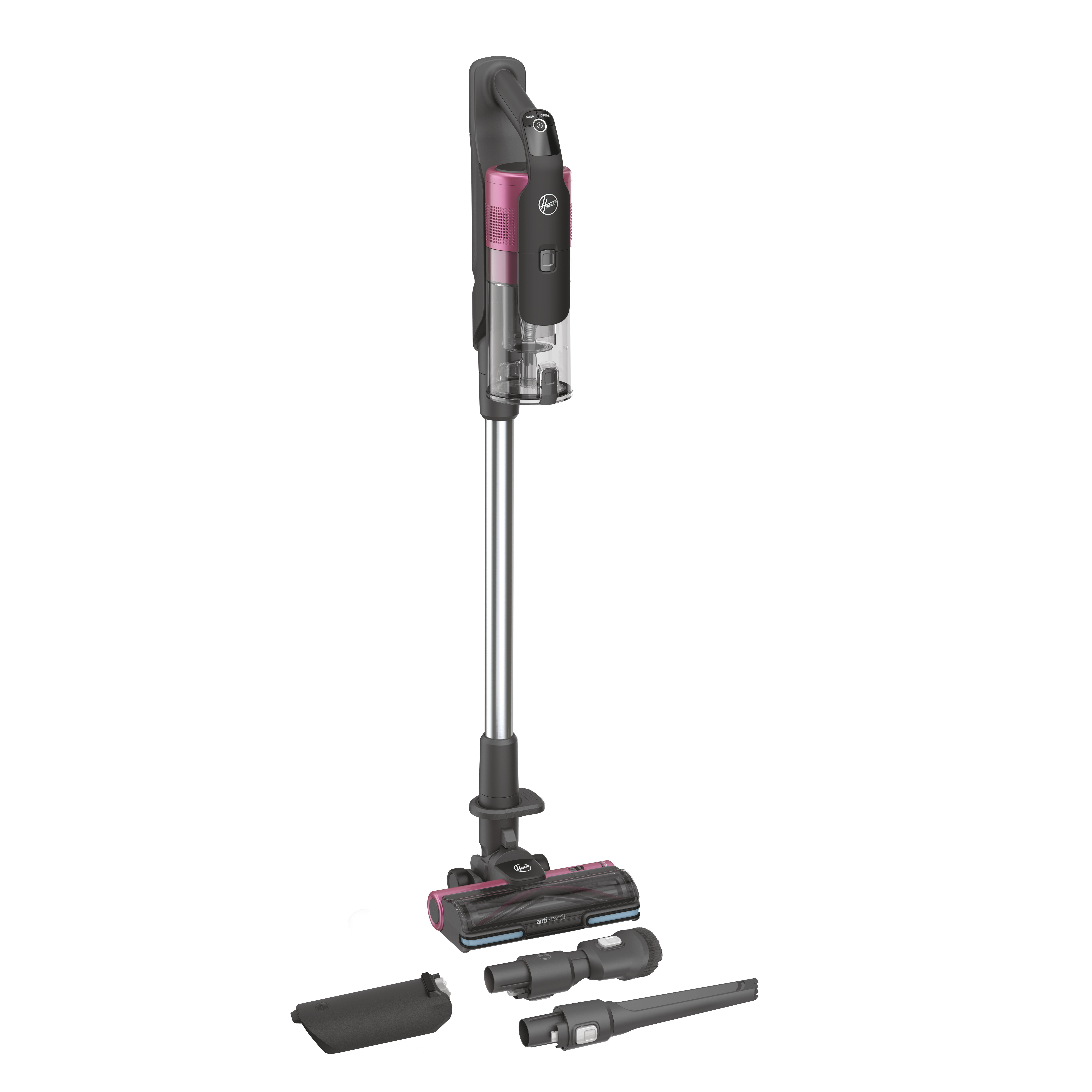 HOOVER HF9 Home HF920H 011 Staubsauger mit Anti-Twist + 2 Akkus (0,7 l, Akkulaufzeit: bis zu 60 Minuten im Standardmodus, bis zu 20-24 Minuten im Turbomodus, Dark Urban Grey/ Metallic Joyful Pink)