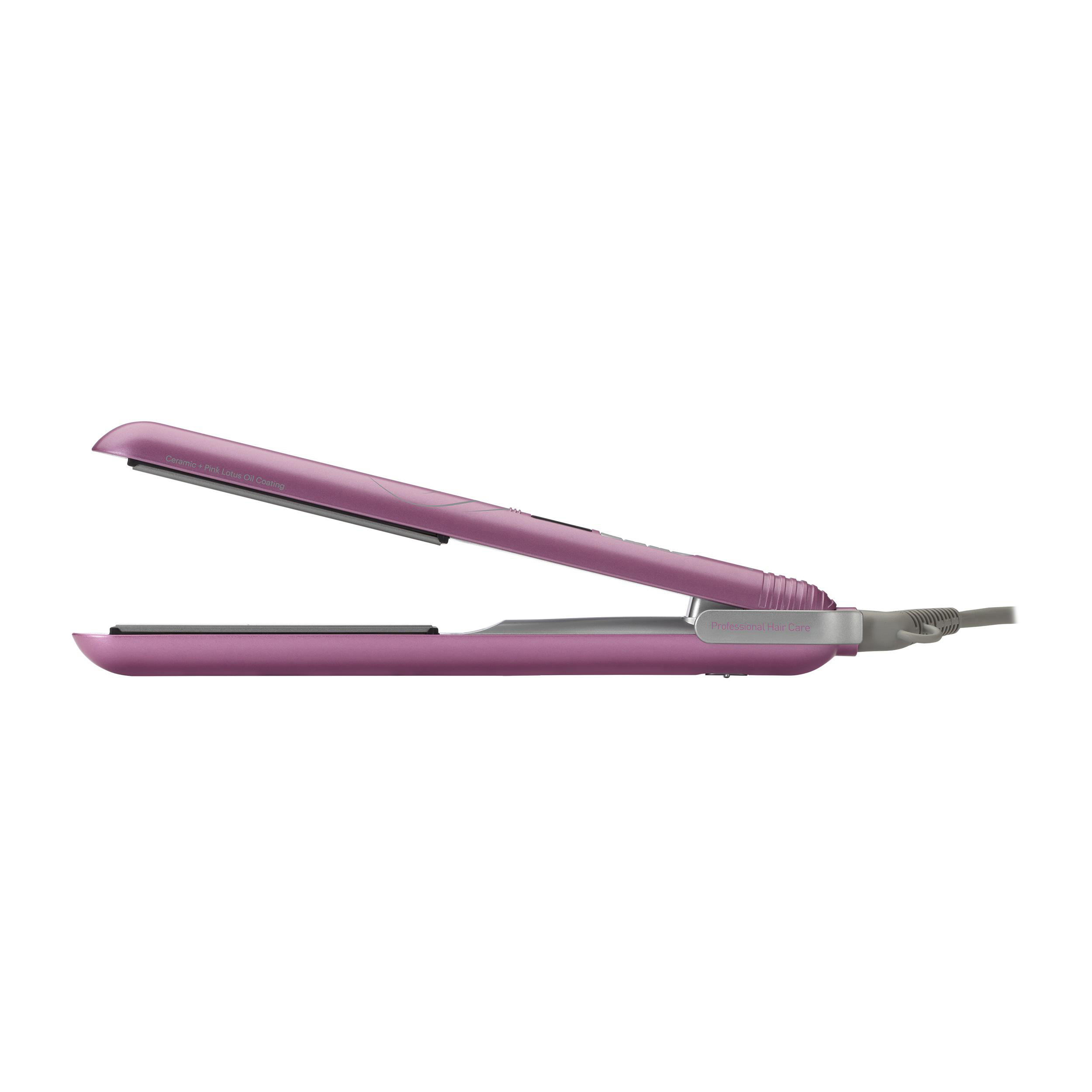 Pinker Haarglätter, flach liegend. Es hat eine graue Platte und ein graues Kabel. Professioneller Hair Care Text sichtbar.