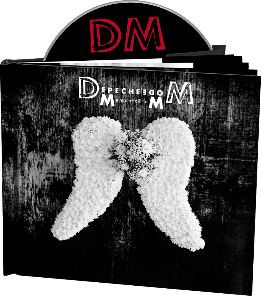 Depeche Mode album borítója angyalszárnyakkal és CD-vel, fekete háttérrel.