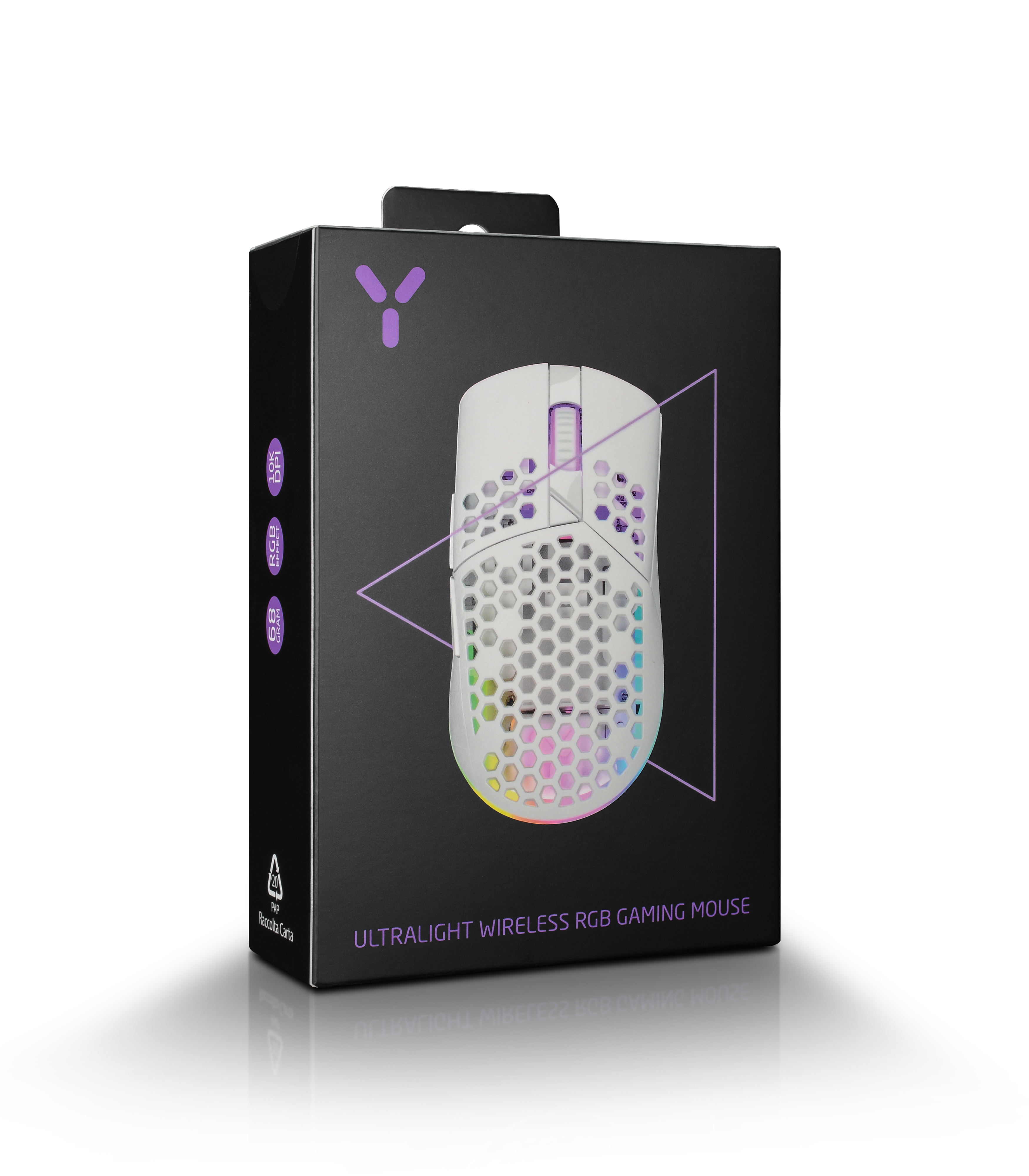 Weiße Gaming-Maus in einer Box, mit Wabenmuster und RGB-Beleuchtung.