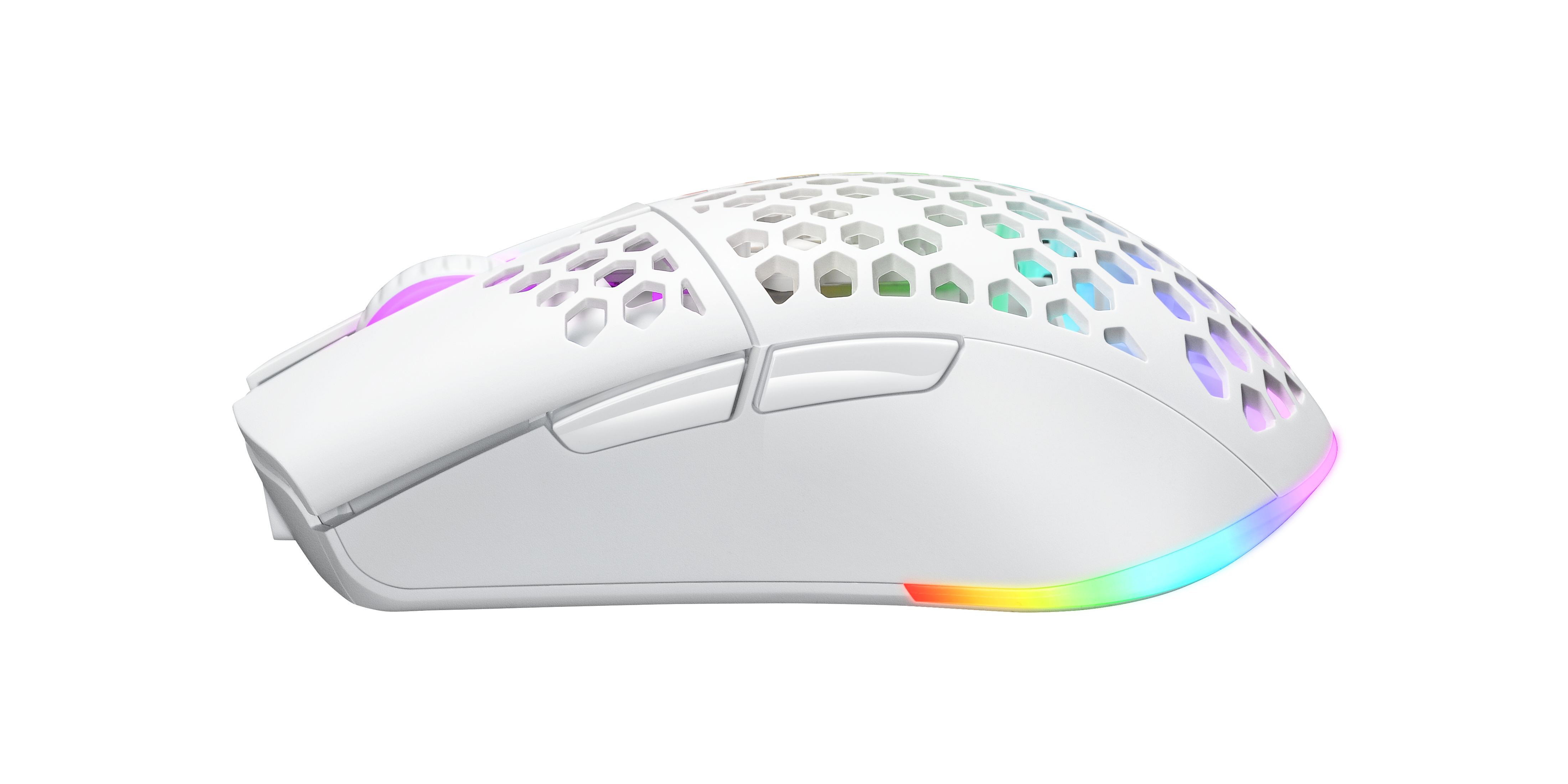 Weiße Gaming-Maus mit RGB-Beleuchtung.
