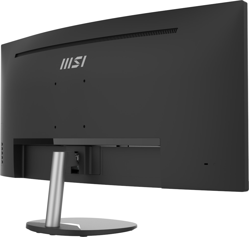 The back of a curved black computer monitor with the MSI logo.