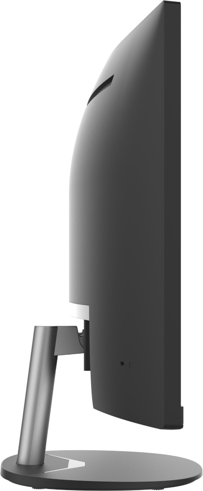 Side view of a black monitor with a silver stand, displaying a screen.