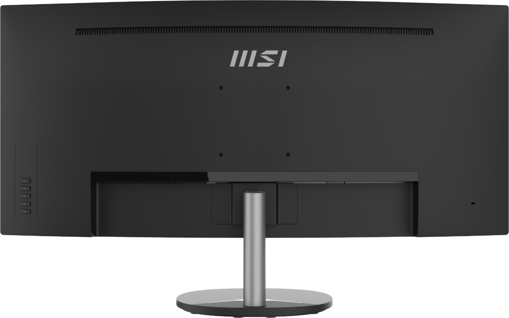 Back view of a black monitor with MSI logo, a silver stand, and ports.