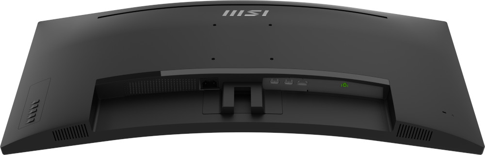 Black curved computer monitor, back view. Ports and power input visible. MSI logo at the top.