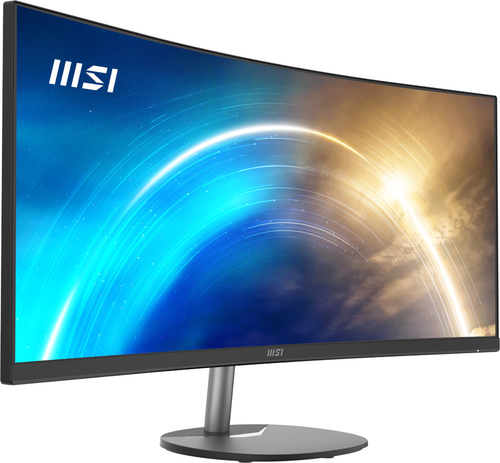 Curved computer monitor with a silver stand. Screen displays a blue and gold abstract design.