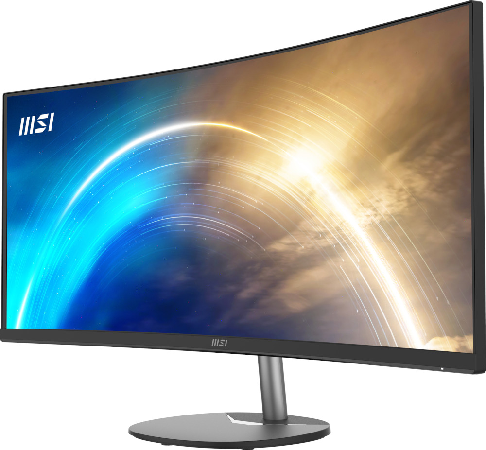 Curved computer monitor with a silver stand. The screen shows a blue and gold abstract design.