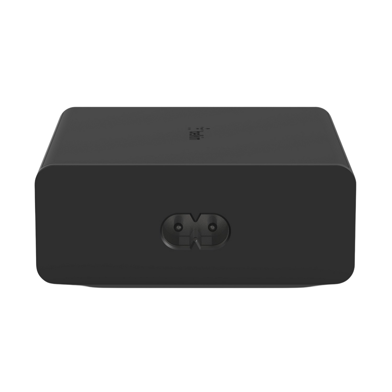 A black power adapter with a two-prong socket, isolated on a black background.