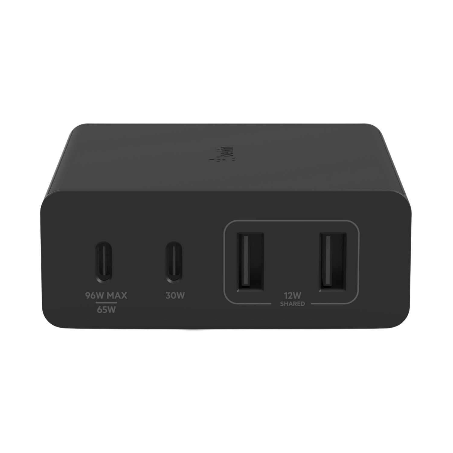 Black Belkin charging cube. Has USB-C and USB-A ports, with power output details. Dark background.