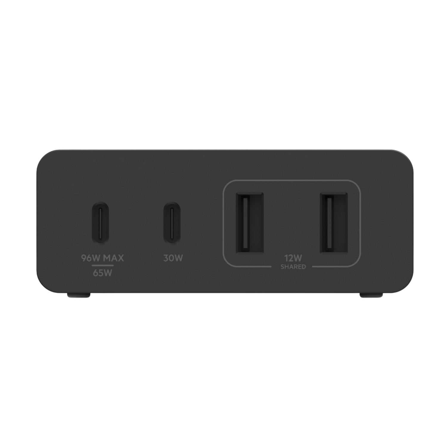 Black charging block with various USB-C and USB-A ports, labeled with power outputs.