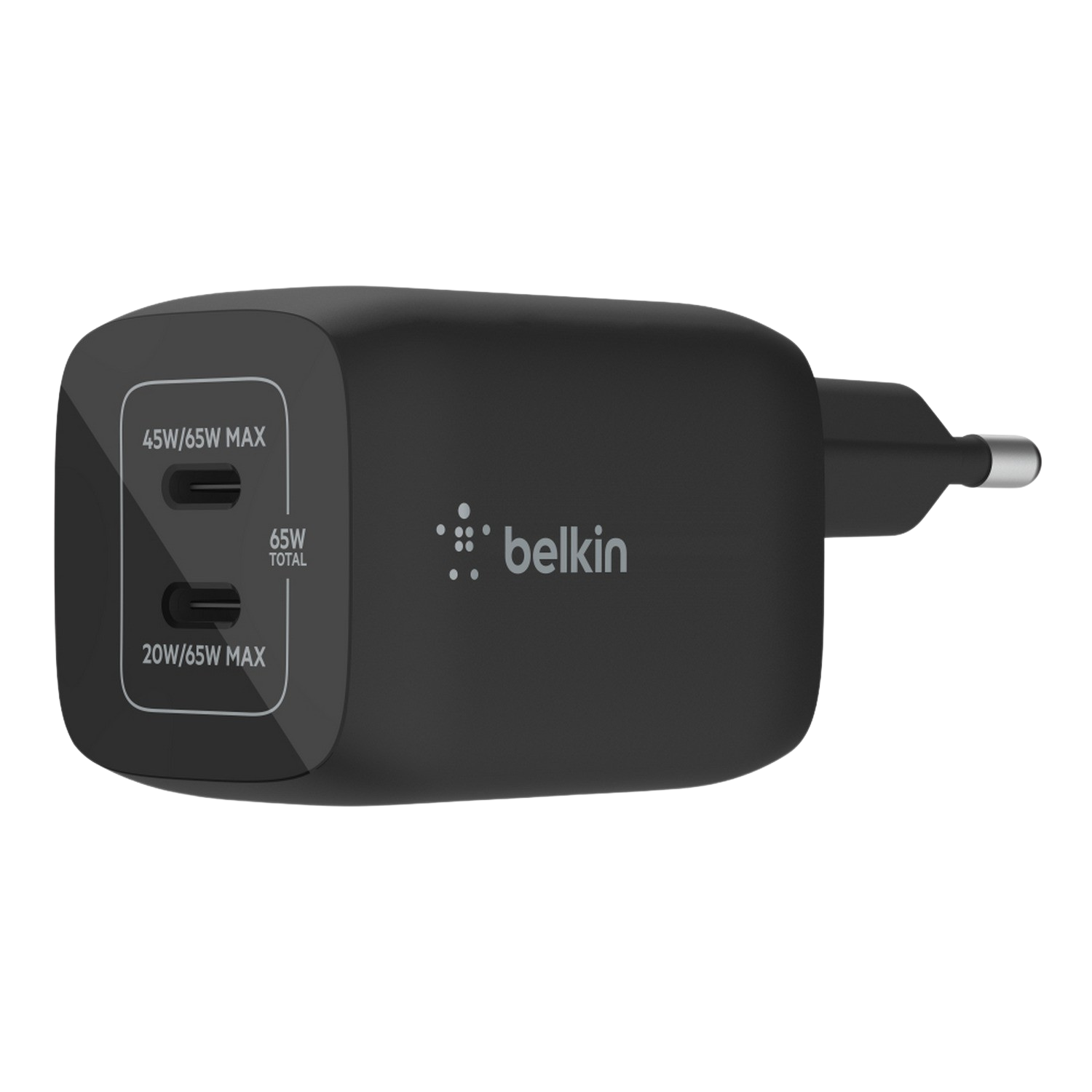 Black Belkin charger with two USB-C ports and text that says "Belkin" on it.