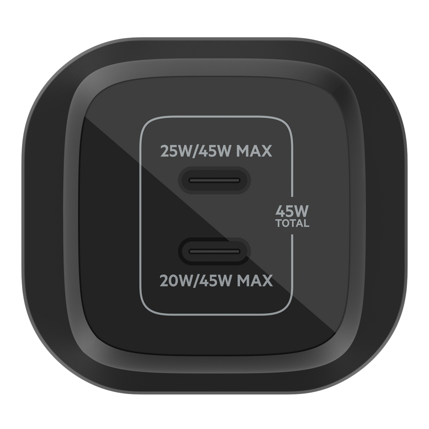 Black charger with two USB-C ports. It has text indicating power output: 25W/45W MAX and 20W/45W MAX.