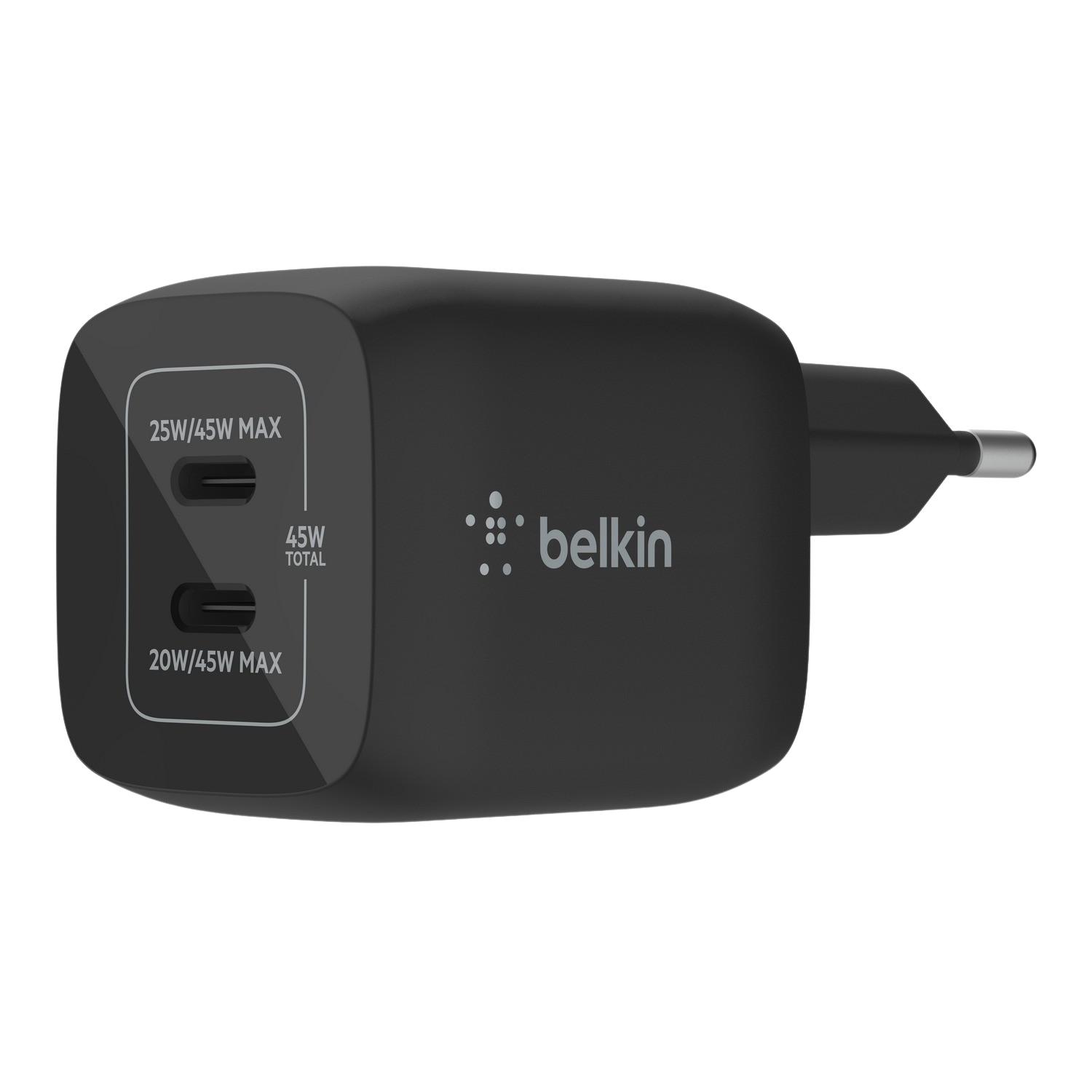 Black Belkin charger.  Two USB-C ports, 25W/45W MAX and 20W/45W MAX. White background.