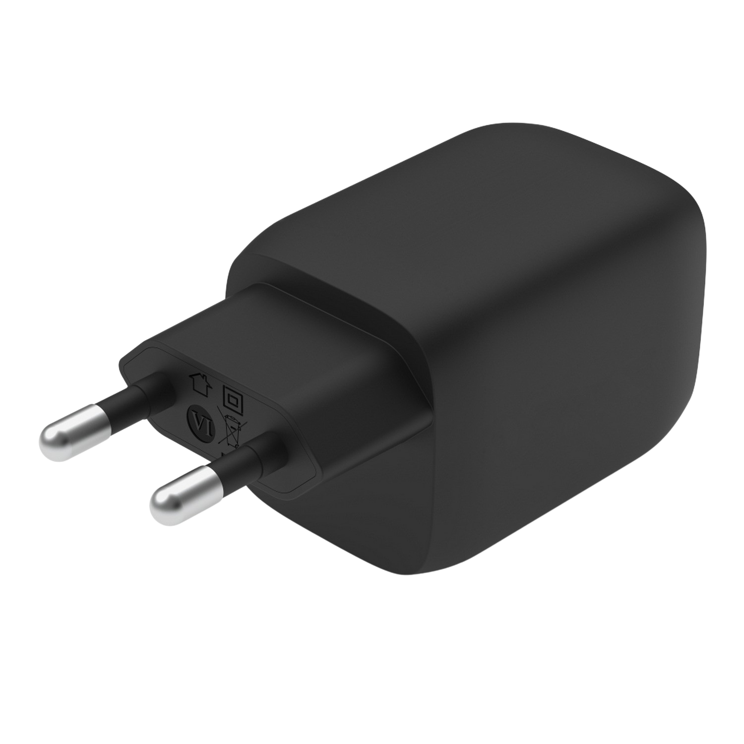 Black charger with two metal prongs, and VI and recycling symbols.