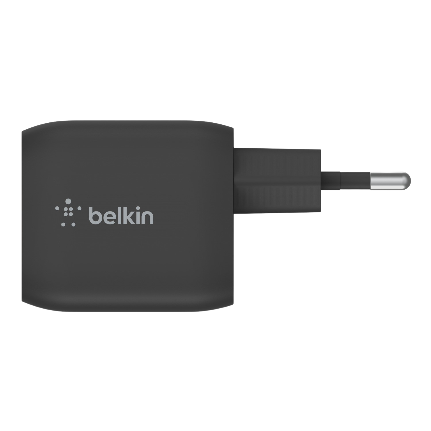 A black Belkin wall charger with a plug, viewed from the side. The Belkin logo is visible.