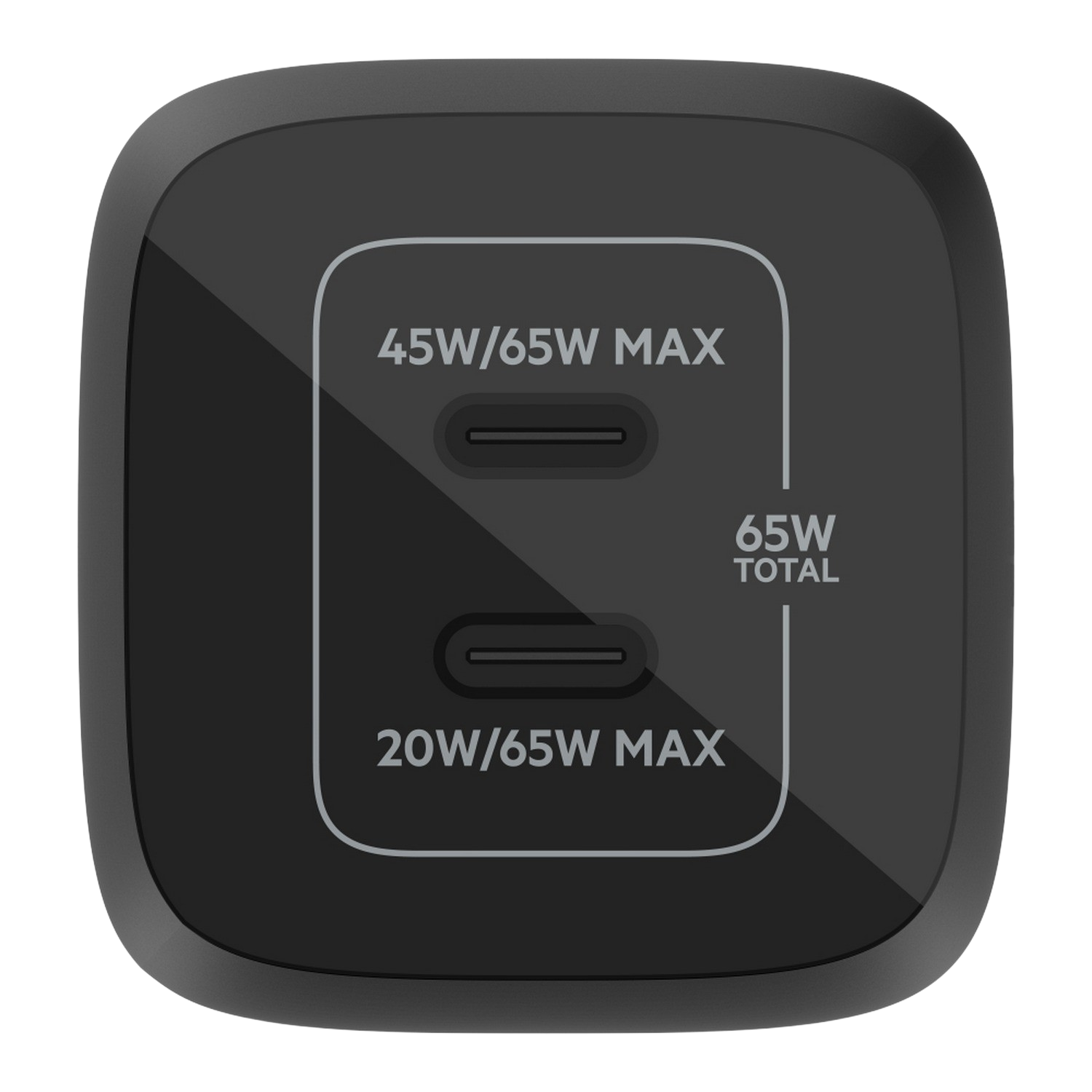 Black power adapter with two USB-C ports, labeled with power output details.
