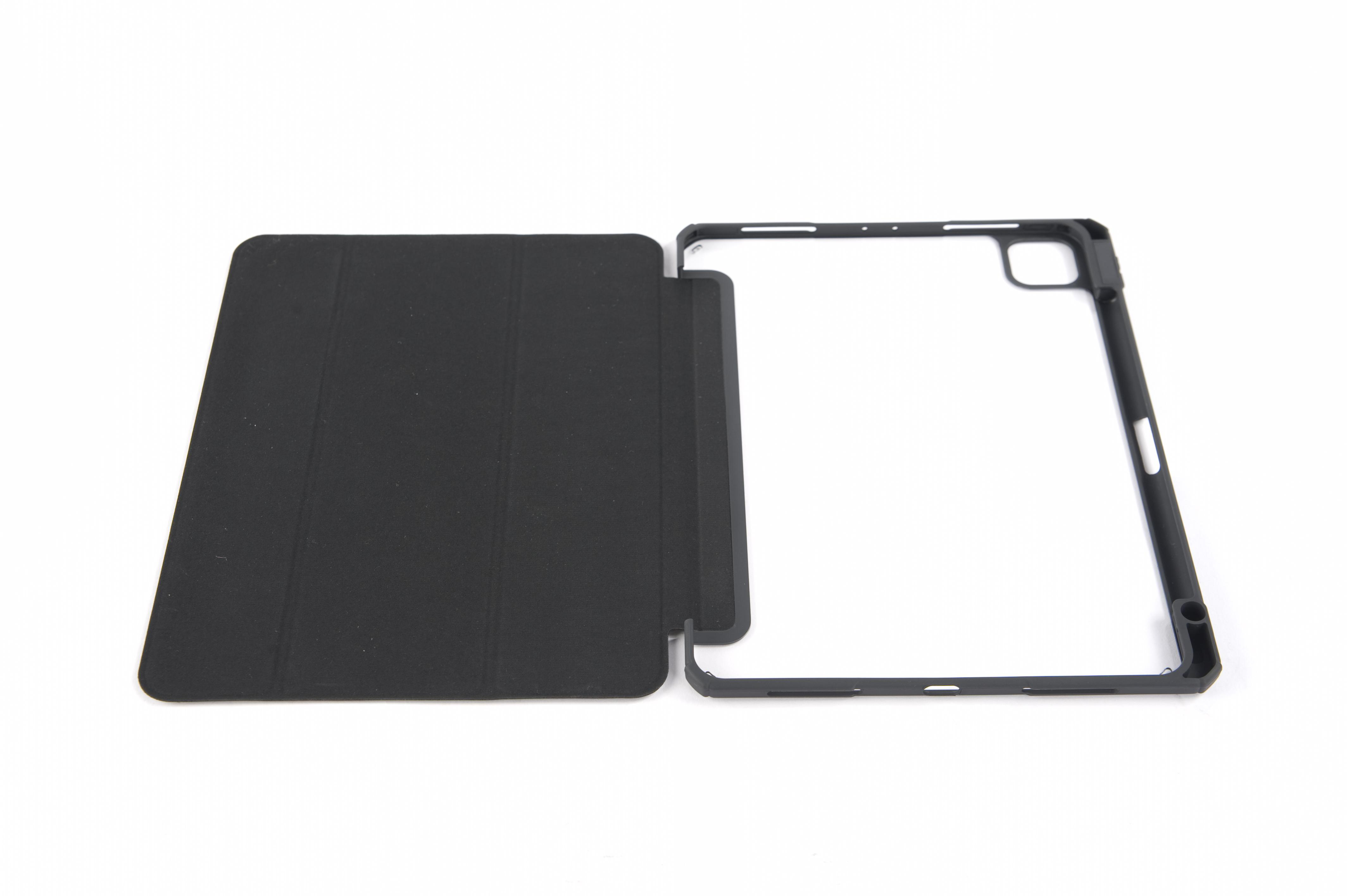 Schwarze iPad-Hülle, geöffnet. Die Hülle hat einen Rahmen und eine Abdeckung.
