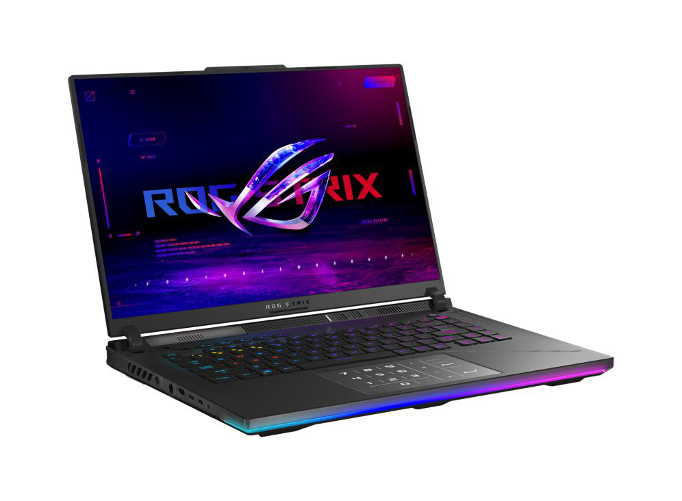 Schwarzer Laptop mit bunter Tastatur und Bildschirmanzeige auf weißem Hintergrund.