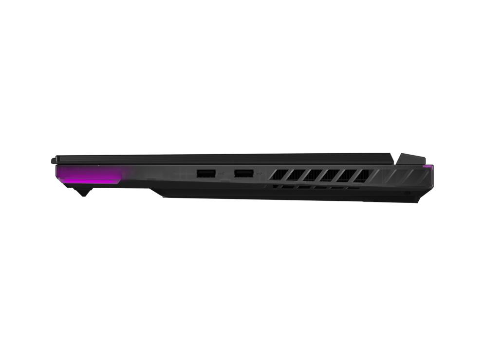 Schwarze Laptop-Seitenansicht. Pinke und lila Akzente. Zeigt Anschlüsse und Lüftungsschlitze.
