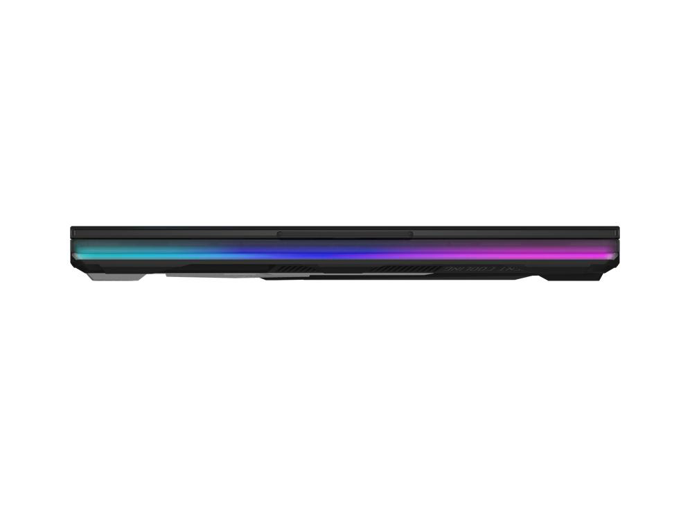 Schwarzer Laptop, Draufsicht. Kante mit Farbwechsel-Lichtern. Weißer Hintergrund.