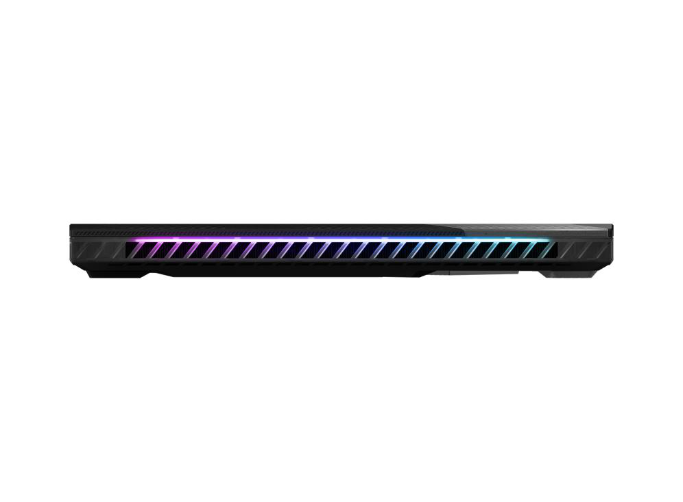 Seitenansicht eines schwarzen Laptops mit farbig beleuchteter Kante auf weißem Hintergrund.