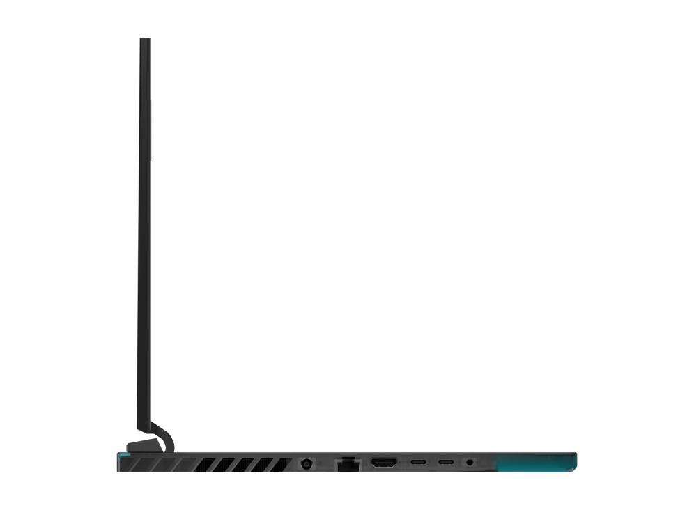 Seitenansicht eines Laptops mit dunklem Bildschirm, blau-grauem Sockel und silbernem Scharnier.