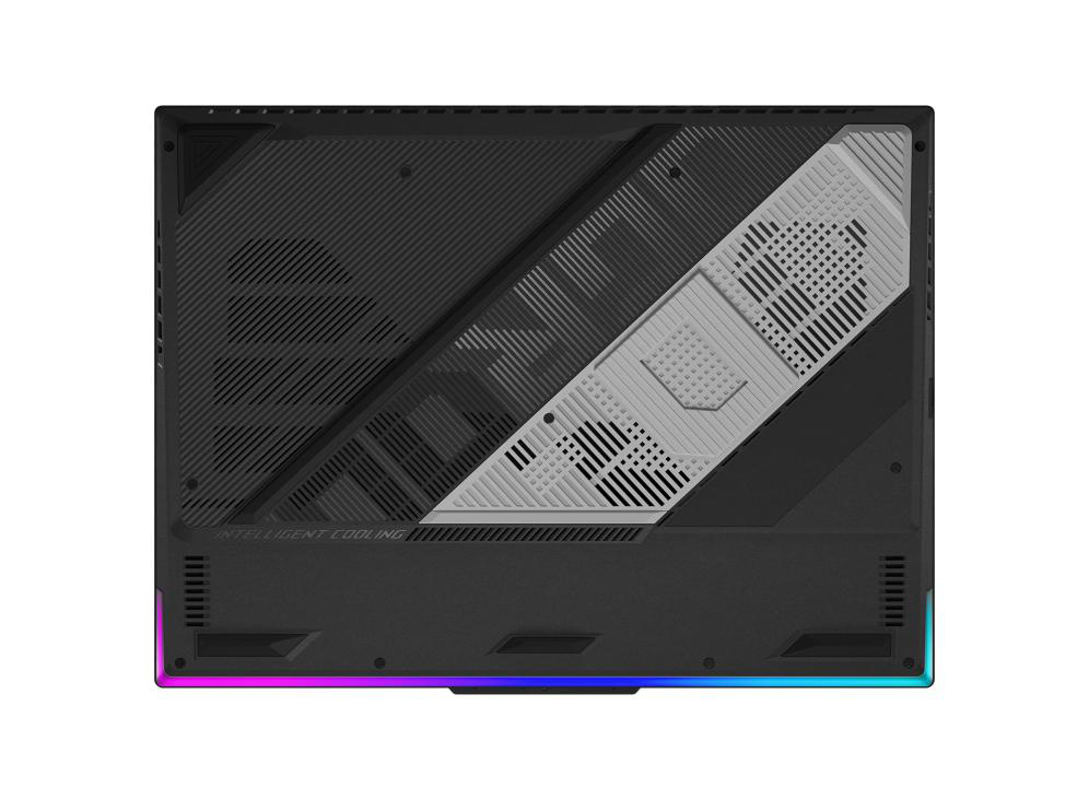 Unterseite eines schwarzen Laptops mit grauen und weißen Lüftungsschlitzen. Hat einen farbigen Lichtstreifen am unteren Rand.