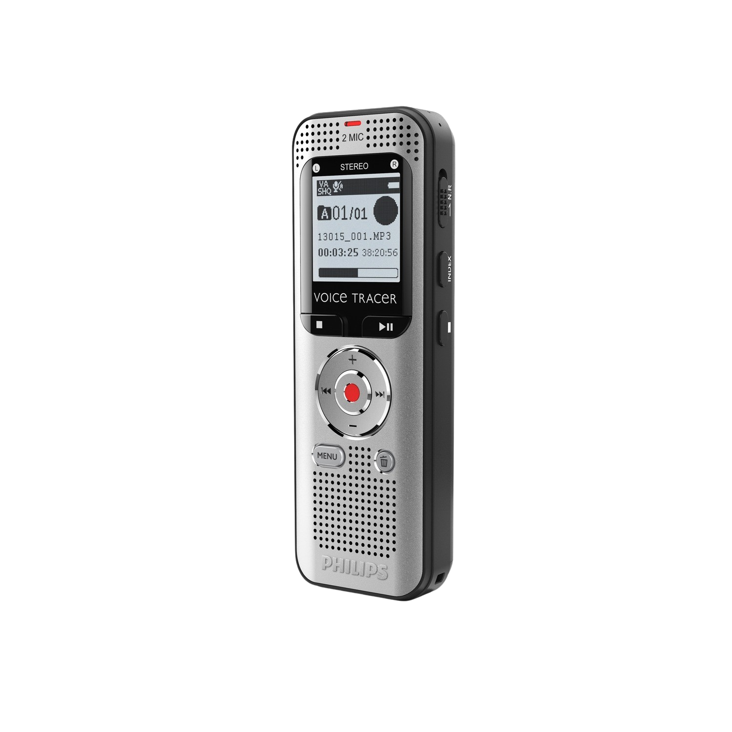 A silver Philips voice recorder. The recorder has a screen and several buttons.