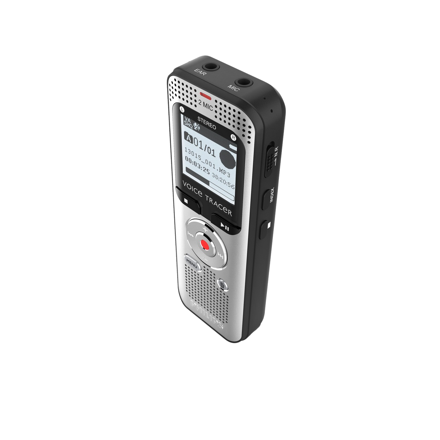 A silver and black voice recorder with a display screen and control buttons.