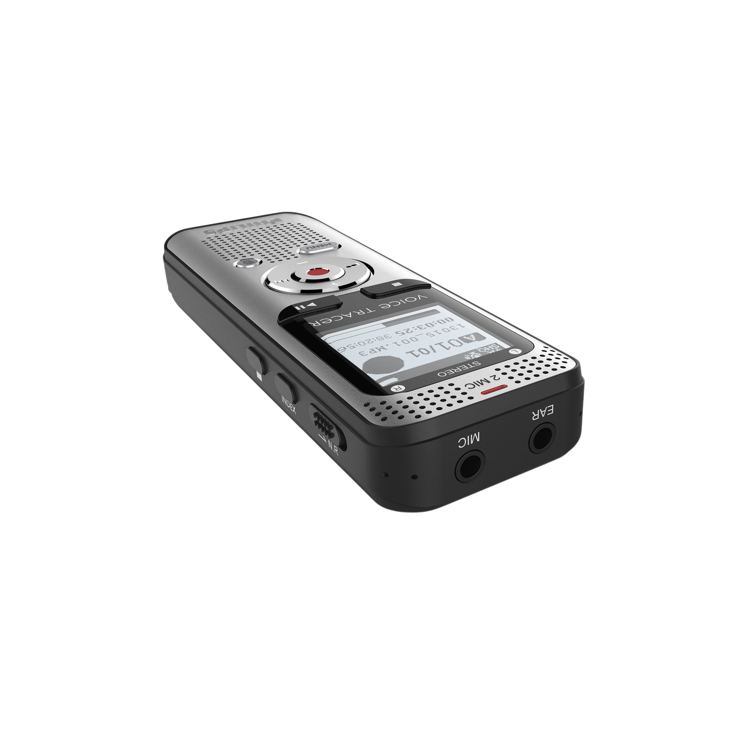 A silver Voice Tracer digital recorder with a small screen and various buttons.