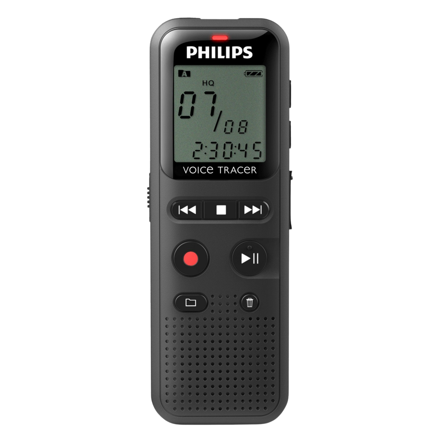Zwarte Philips voicerecorder met datum- en tijdweergave en bedieningsknoppen.
