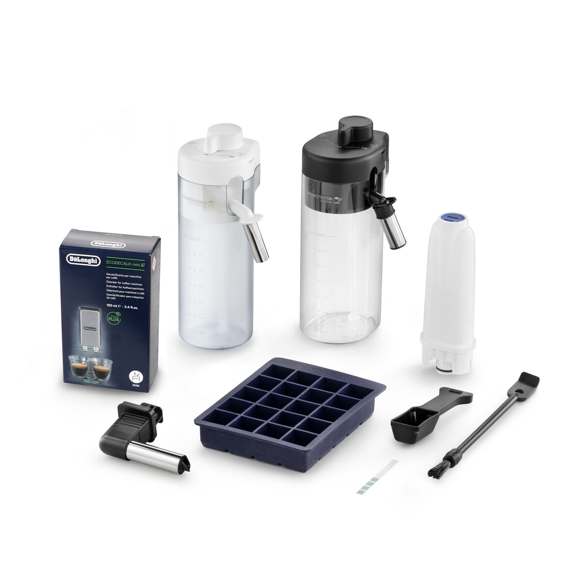 Een assortiment Delonghi koffiemachine-accessoires, inclusief watertanks en een ontkalkingskit.