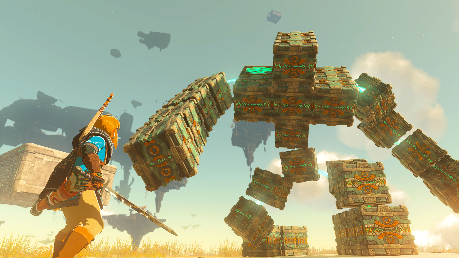 A video game scene with a character aiming a sword at a large robot.