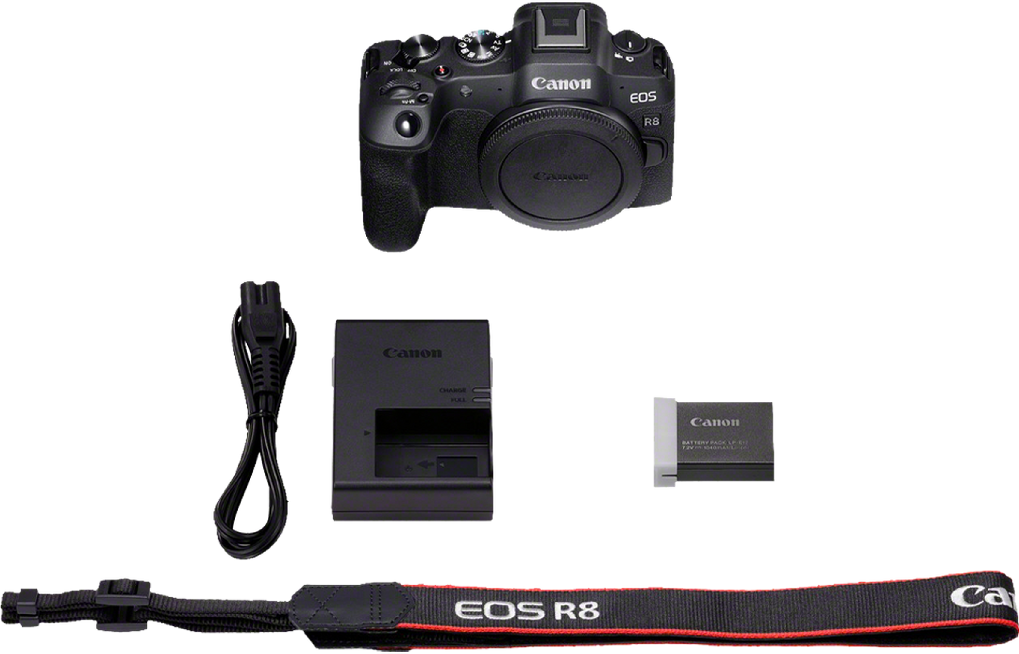 Appareil photo Canon EOS R8, avec accessoires, dont batterie, chargeur et sangle.