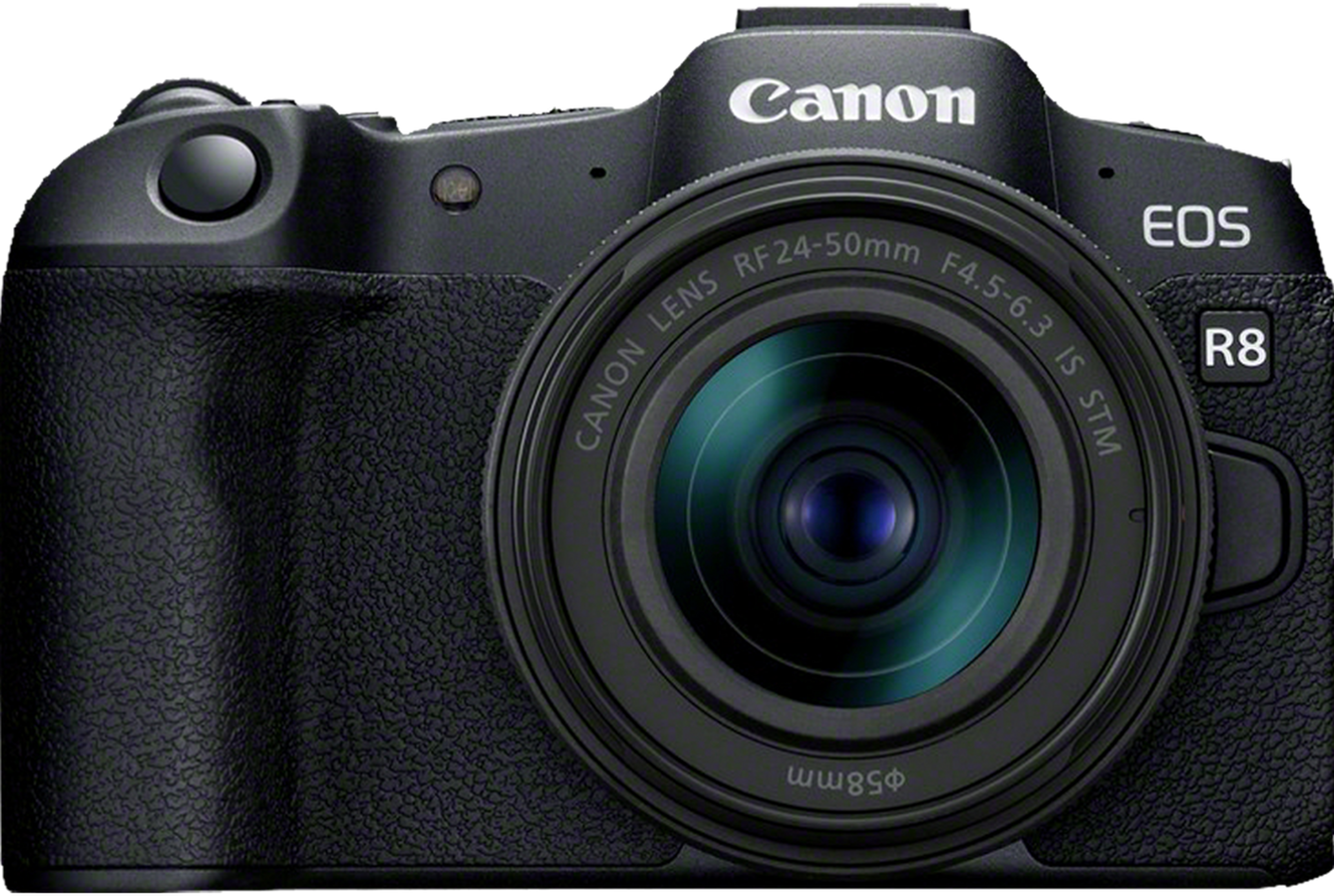 Appareil photo Canon EOS R8 noir, avec un objectif et texte EOS R8.