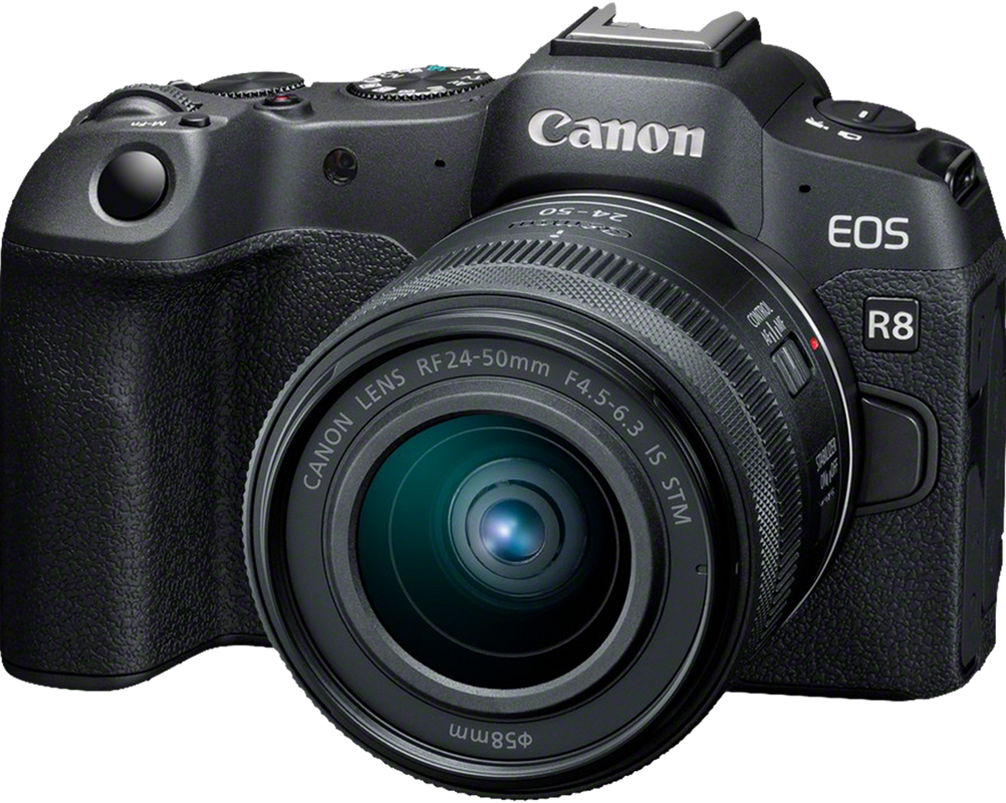 Appareil photo Canon EOS R8 noir avec objectif.