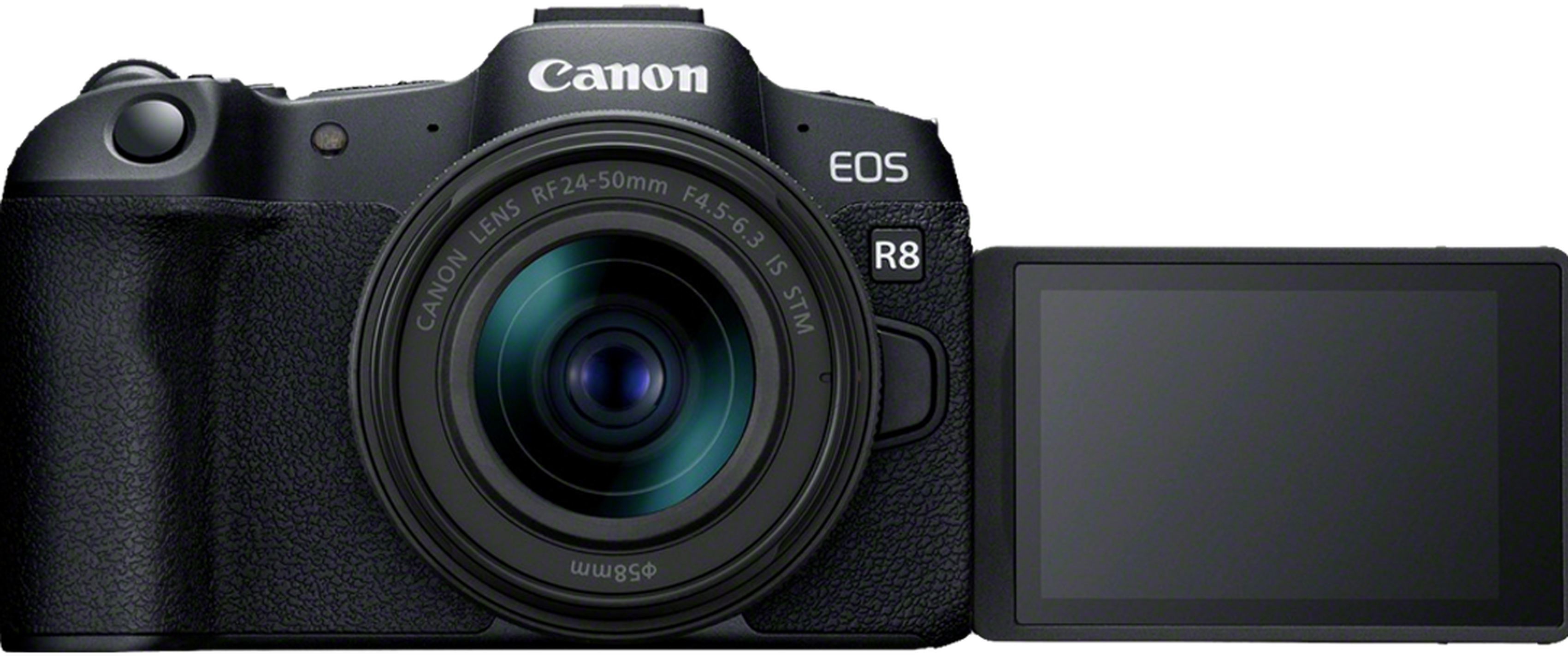 Appareil photo Canon EOS R8 avec objectif et écran ouvert. Corps noir, logo Canon et spécifications de l'objectif visibles.