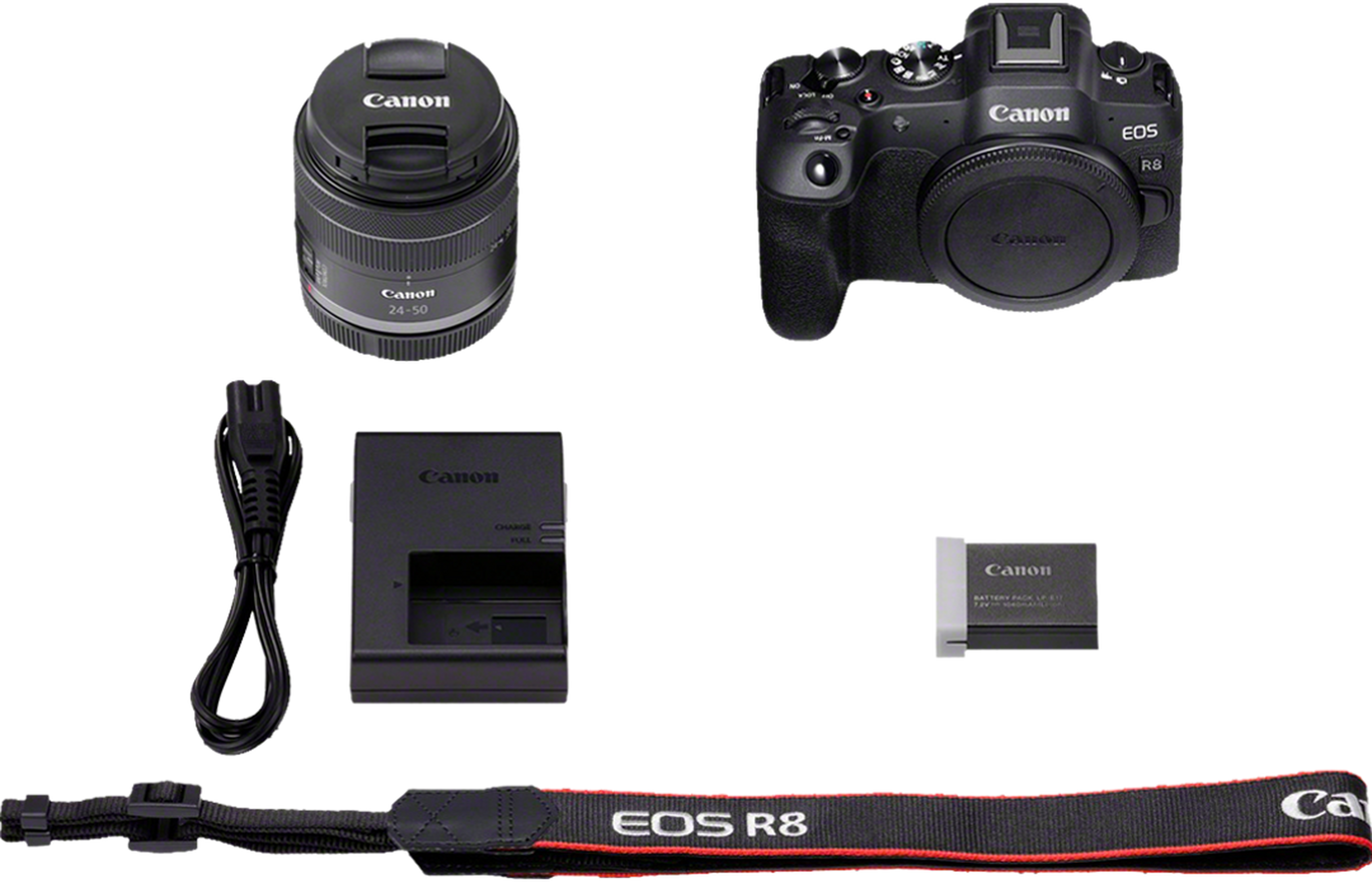 Ensemble appareil photo Canon EOS R8 : boîtier, objectif, chargeur, batterie, sangle et accessoires.