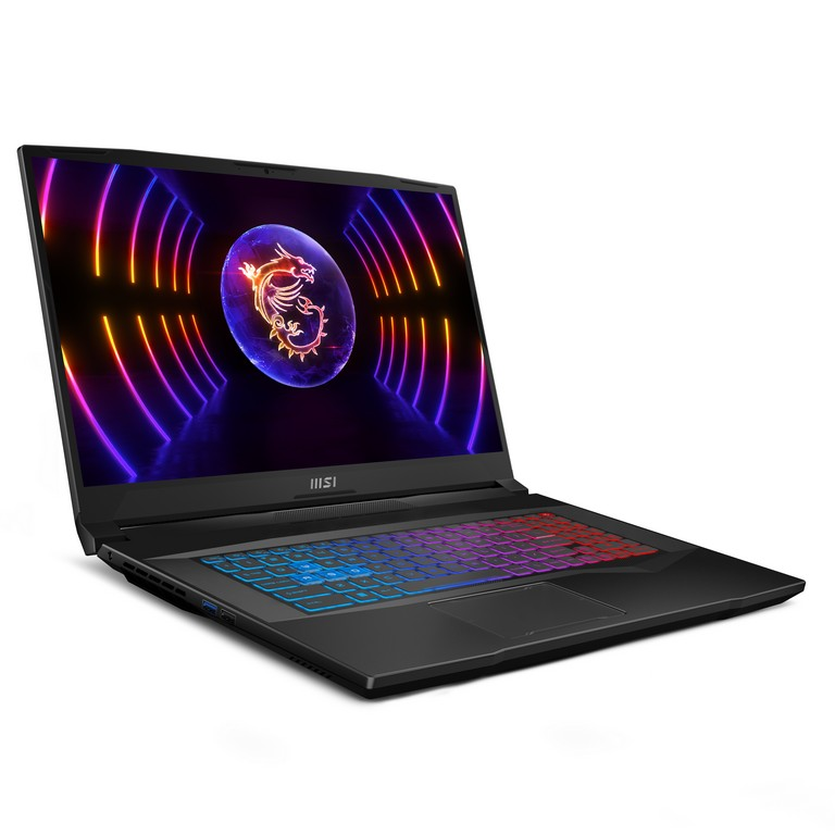 Un portátil negro con pantalla iluminada, mostrando una interfaz de juego y un teclado brillante.