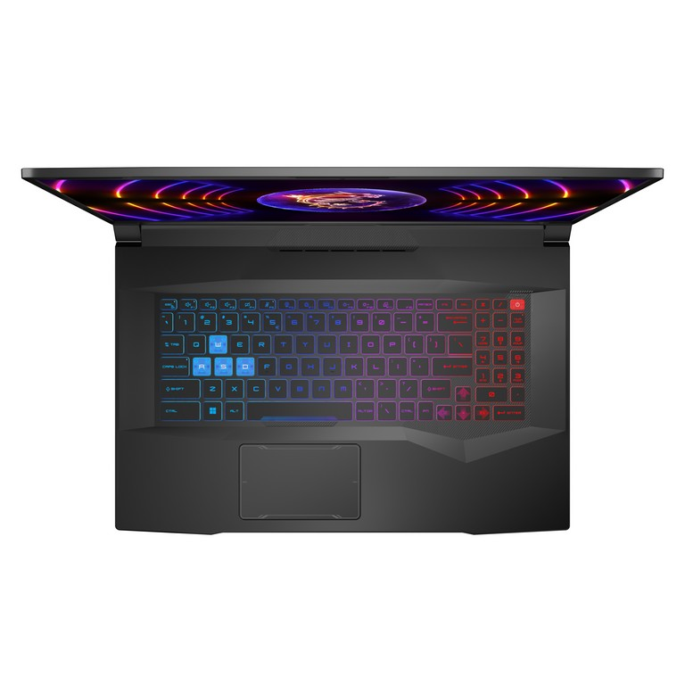 Vista superior de un portátil negro con teclado iluminado multicolor.