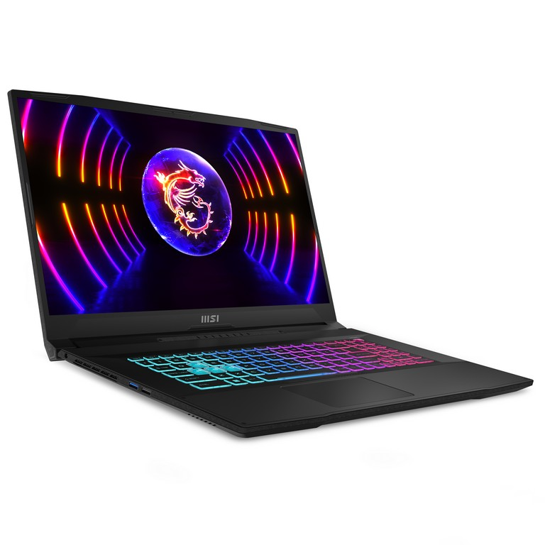 Portátil negro con teclado colorido, mostrando un logo de dragón en la pantalla.