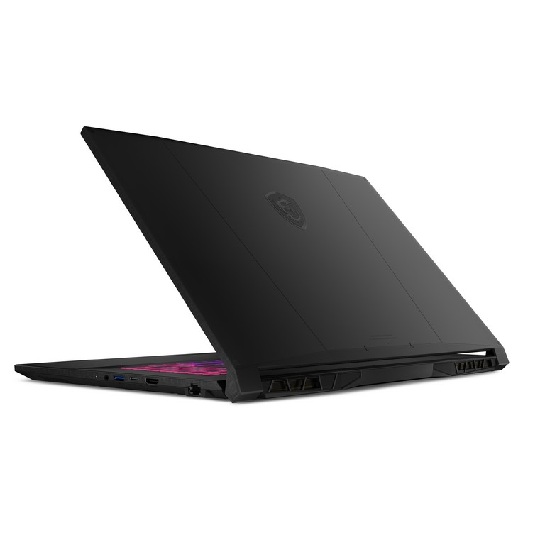 Portátil negro con la tapa abierta, mostrando un teclado brillante. La parte trasera tiene el logo MSI.