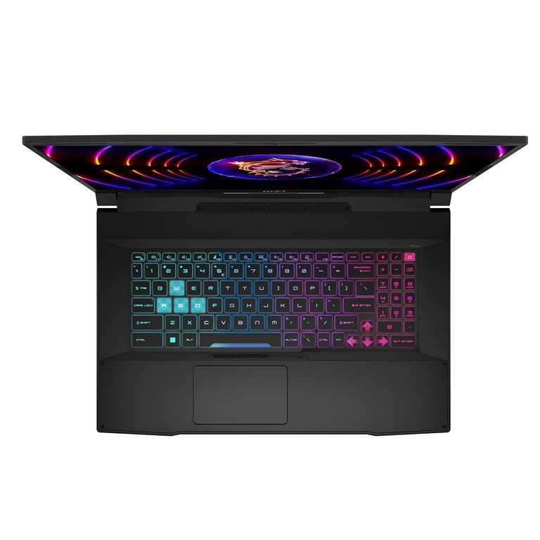 Portátil MSI con pantalla levantada, teclado iluminado en varios colores.