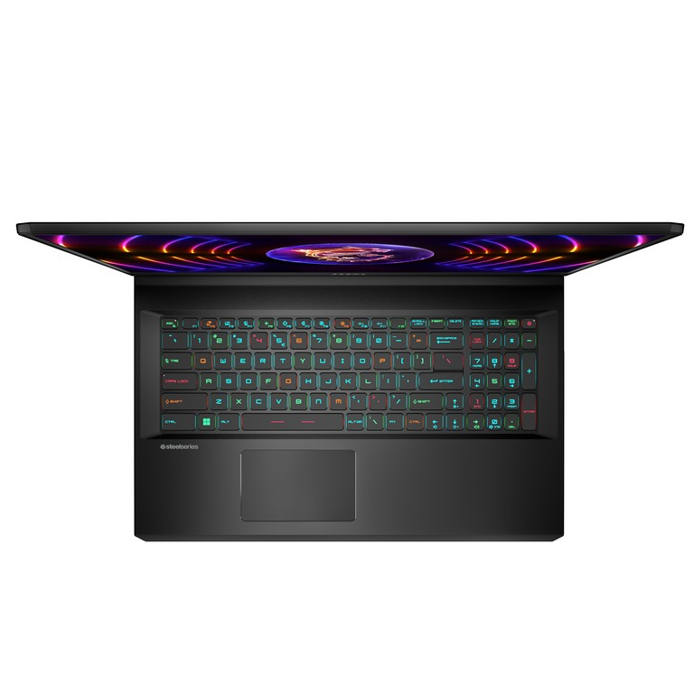 Un portátil con teclado colorido y pantalla abierta.