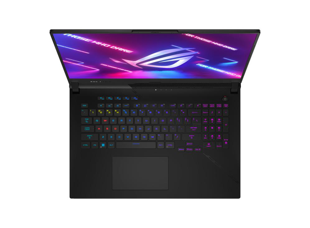 Geöffnete Ansicht des Laptops mit Tastatur, Touchpad und Bildschirm mit Logo.