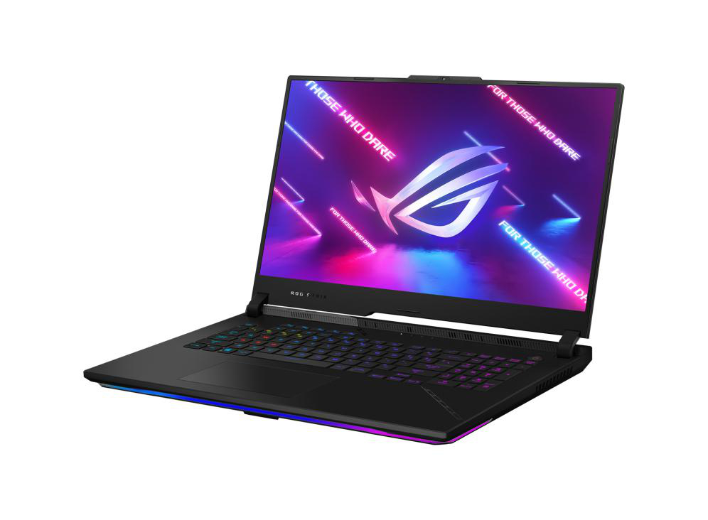 Schwarzer Gaming-Laptop mit beleuchtetem Bildschirm. Die Worte 'ROG' und 'FOR THOSE WHO DARE'.