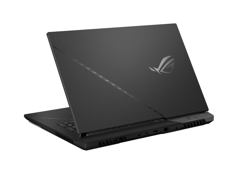 Schwarzer ROG-Laptop, geöffnet, auf einer weißen Oberfläche. Der Deckel ist zur Kamera geneigt.