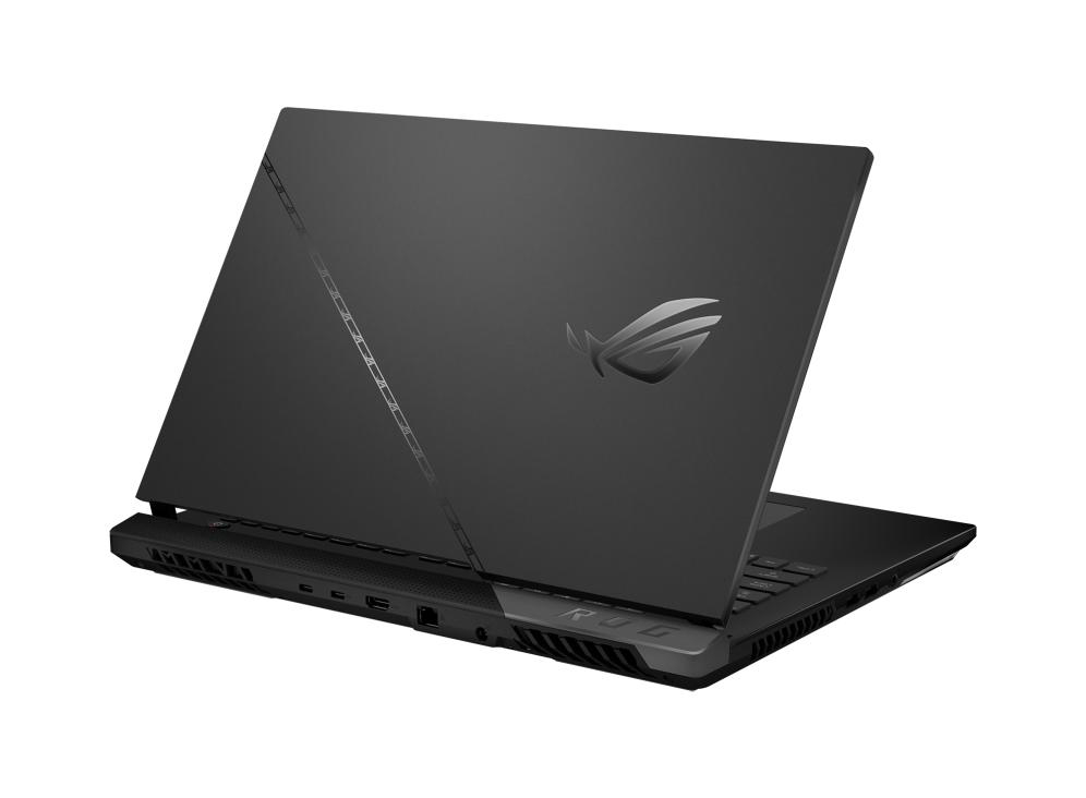 Ein schwarzer Laptop von hinten, geöffnet. Das Markenlogo ist sichtbar.