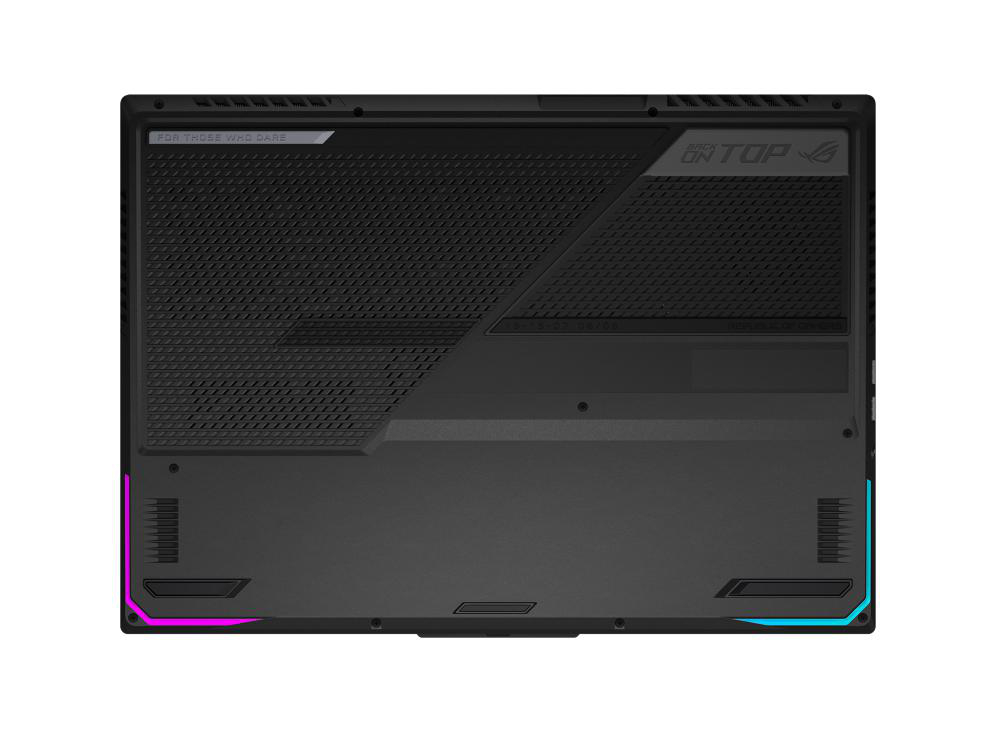 Schwarze Laptop-Basis mit Designelementen und farbenfrohen Akzenten.