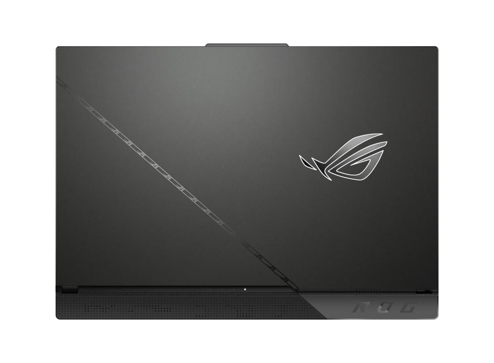 Schwarzer Laptop mit ROG-Logo auf der Rückseite, vor weißem Hintergrund.